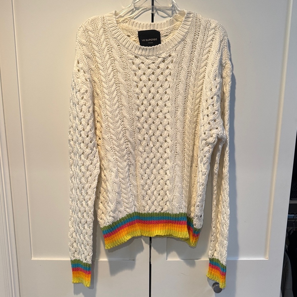 Le Superbe Women's Cream Cable Knit Sweater with Rainbow Trim